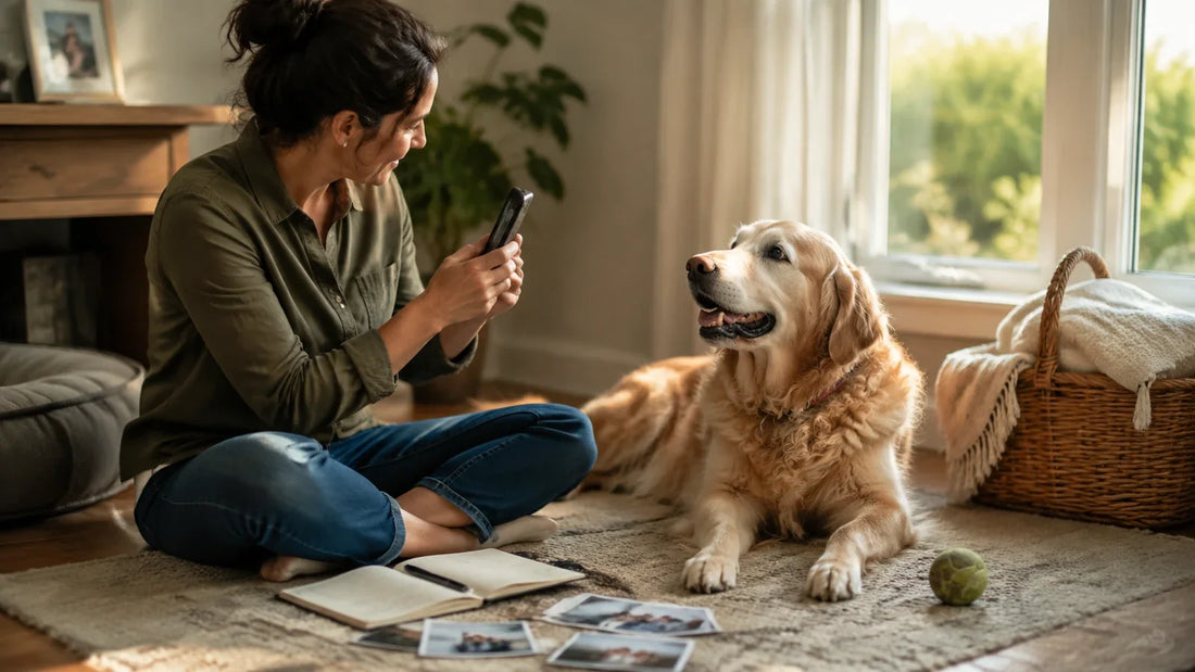 A person taking a candid phone photo of a healthy senior golden retriever at home