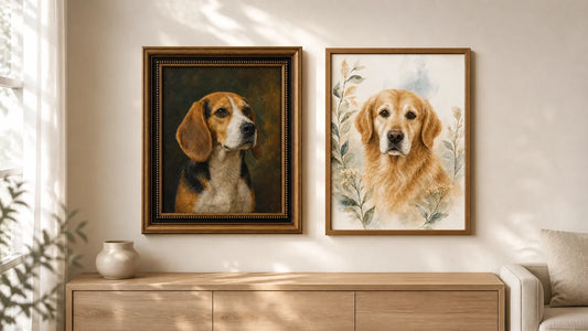 Two framed pet portraits in contrasting classic oil-inspired and watercolor styles displayed in a warm home