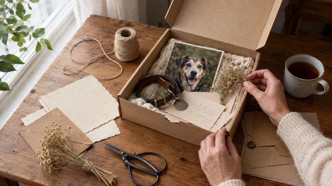 Hands arranging a dog photo, collar, and memory cards in a handmade memory box