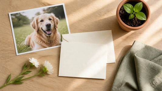A handwritten sympathy card beside a dog photo, flowers, and a small seedling