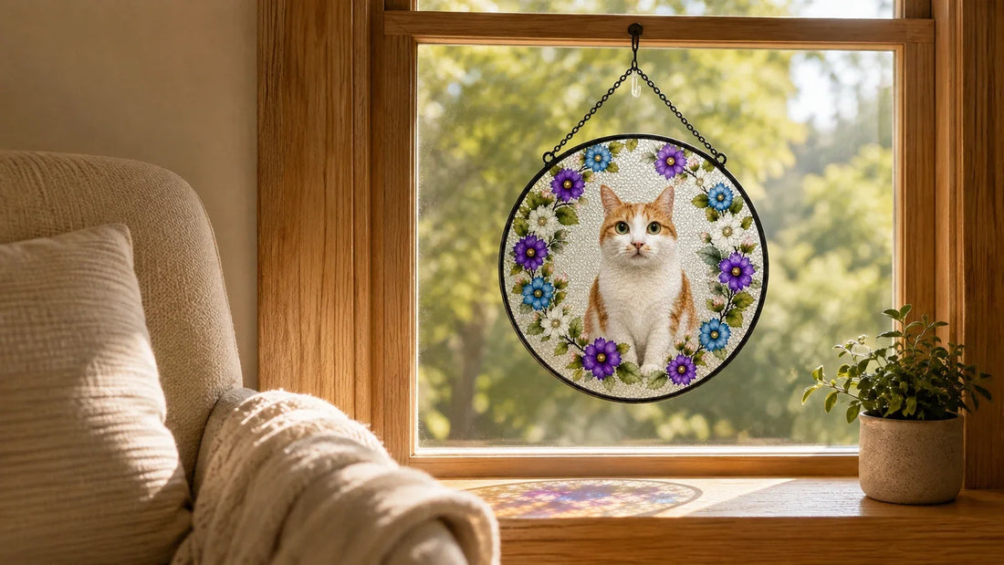 A floral Fondamia cat suncatcher hangs from a secure hook in a bright morning window beside a reading chair