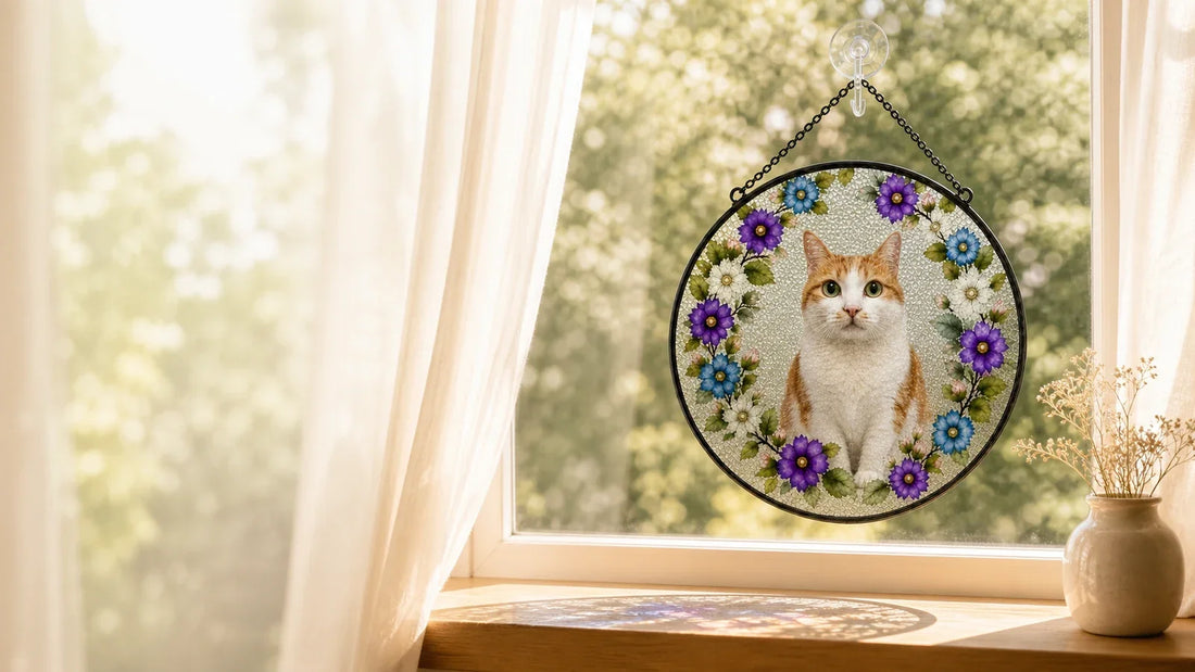 Personalized Fondamia cat memorial suncatcher hanging in a warm sunlit window.