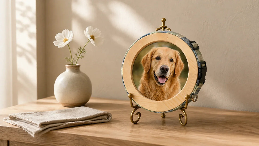 A real Fondamia dog collar memorial frame displayed on a quiet oak console in warm morning light.