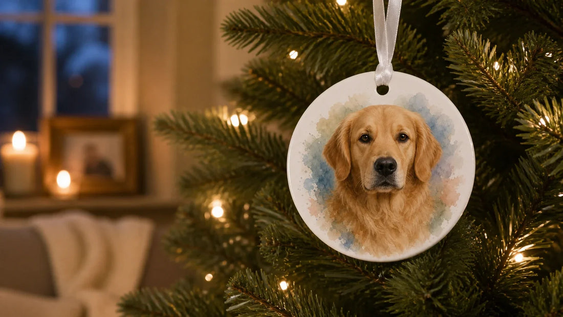 A real Fondamia round ceramic dog memorial ornament hanging on an evergreen tree in a softly lit home