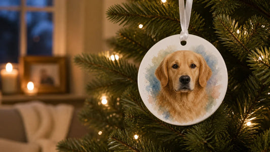 A real Fondamia round ceramic dog memorial ornament hanging on an evergreen tree in a softly lit home
