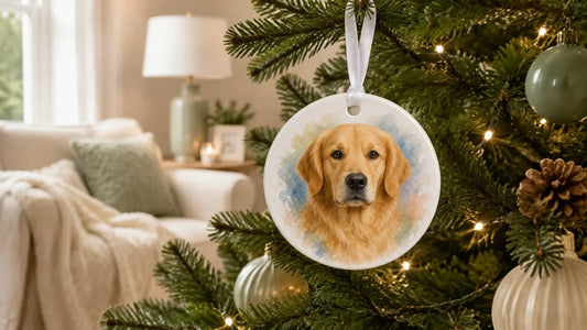 A personalized Fondamia round dog memorial ornament with a golden retriever watercolor portrait hangs on an evergreen tree