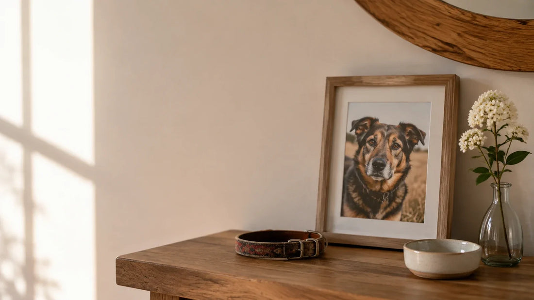 A quiet home memorial with a framed dog photo, collar, and flowers