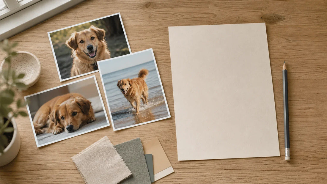 Printed pet photos, a blank planning sheet, and neutral color swatches arranged on a warm desk.