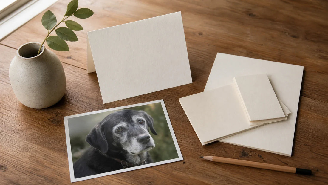 Blank sympathy card, small message slips, a senior dog photograph, and a pencil arranged on a warm wooden desk
