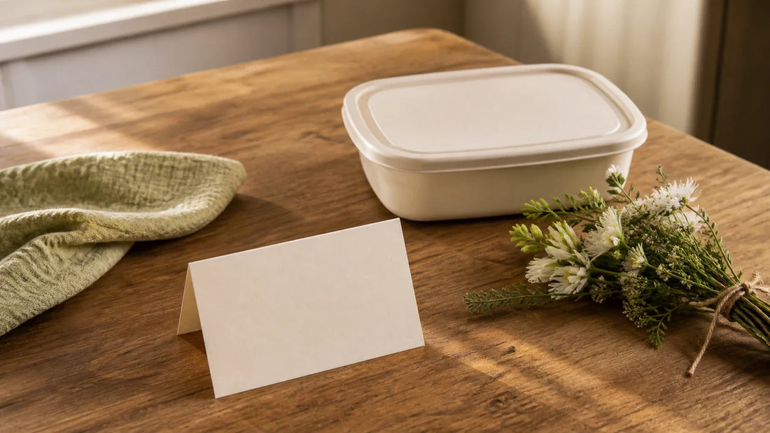 A handwritten sympathy note beside a simple meal and a small bundle of flowers on a warm kitchen table