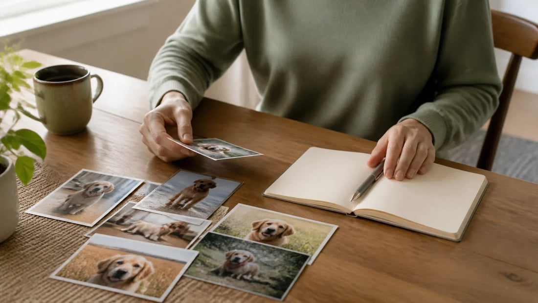 A person sorting favorite pet photographs and writing memories at a sunlit table