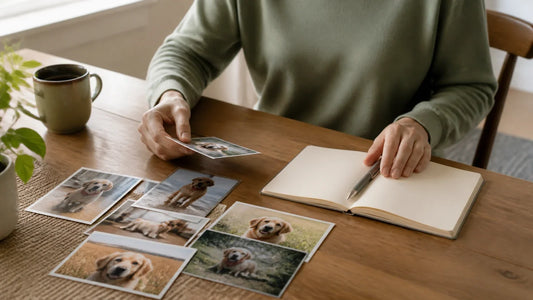 A person sorting favorite pet photographs and writing memories at a sunlit table
