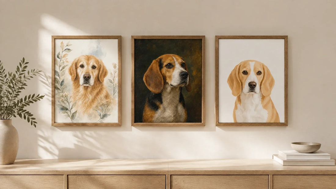 Three framed Fondamia pet memorial portraits show watercolor, classic oil, and modern illustration styles
