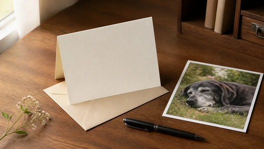 A blank sympathy card beside a cherished pet photograph, envelope, and small flowers in soft window light.