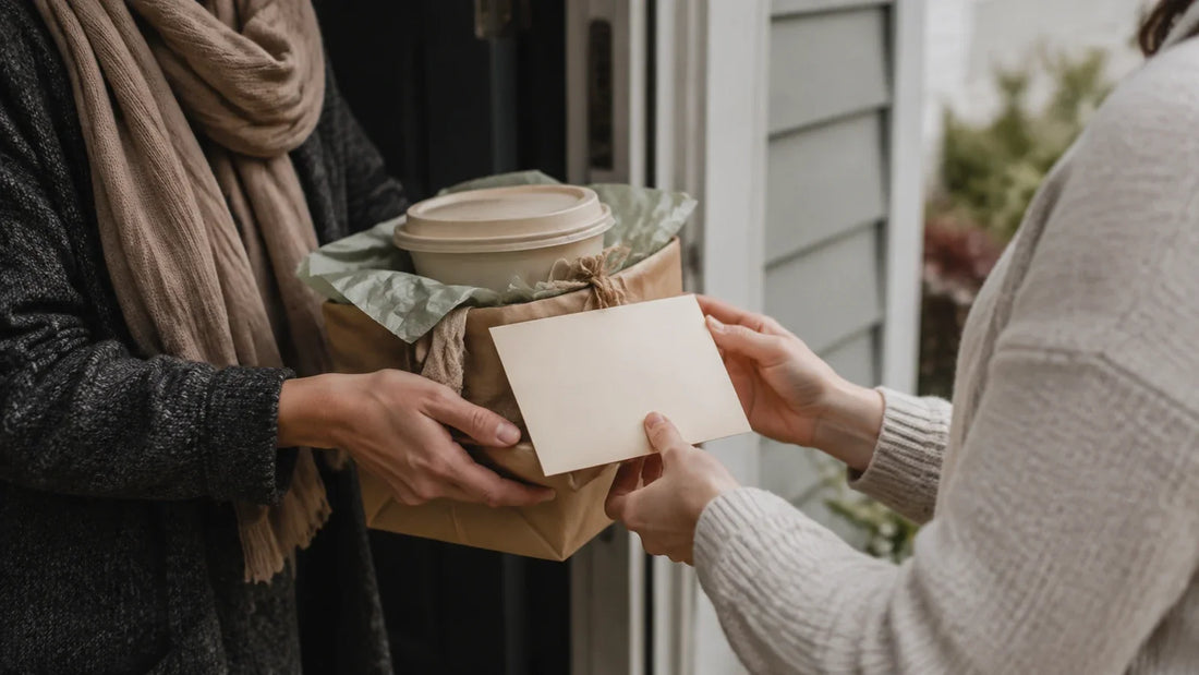 A friend delivering a small care package and blank sympathy card