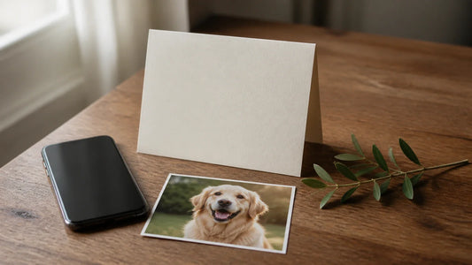 A blank sympathy card, smartphone, printed pet photo, and greenery arranged on a warm wooden table