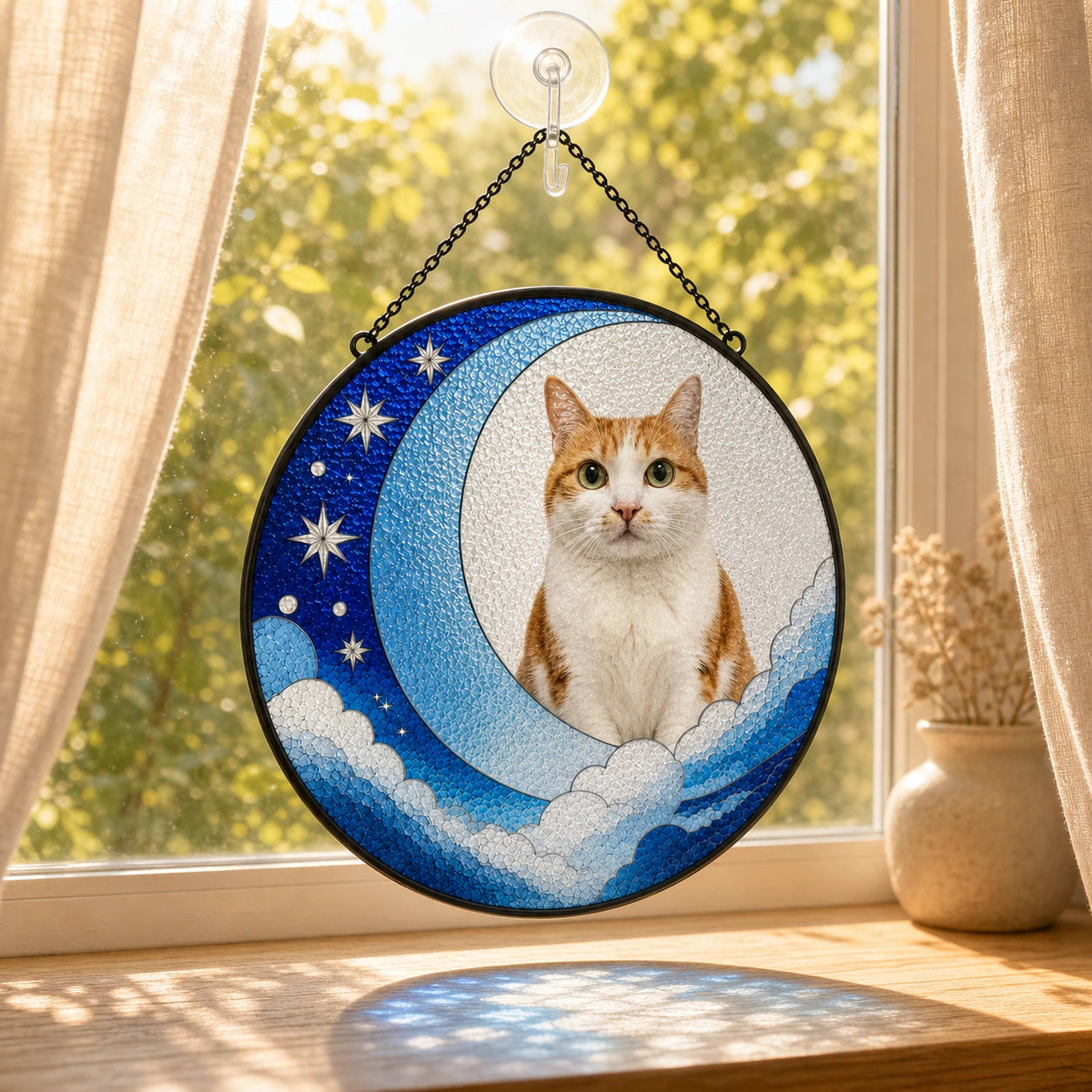 A circular hanging wall art piece featuring a ginger-and-white cat sitting on a crescent moon with stars and clouds, displayed in front of a sunlit window with beige curtains.
