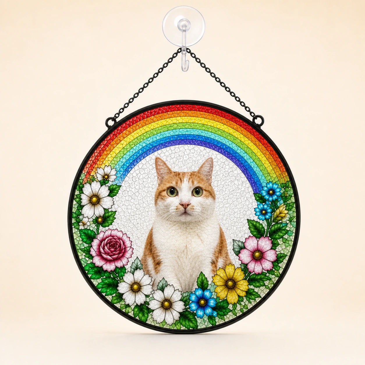 A circular hanging wall art piece featuring a portrait of an orange-and-white cat centered beneath a bright rainbow, surrounded by colorful flowers and green leaves.