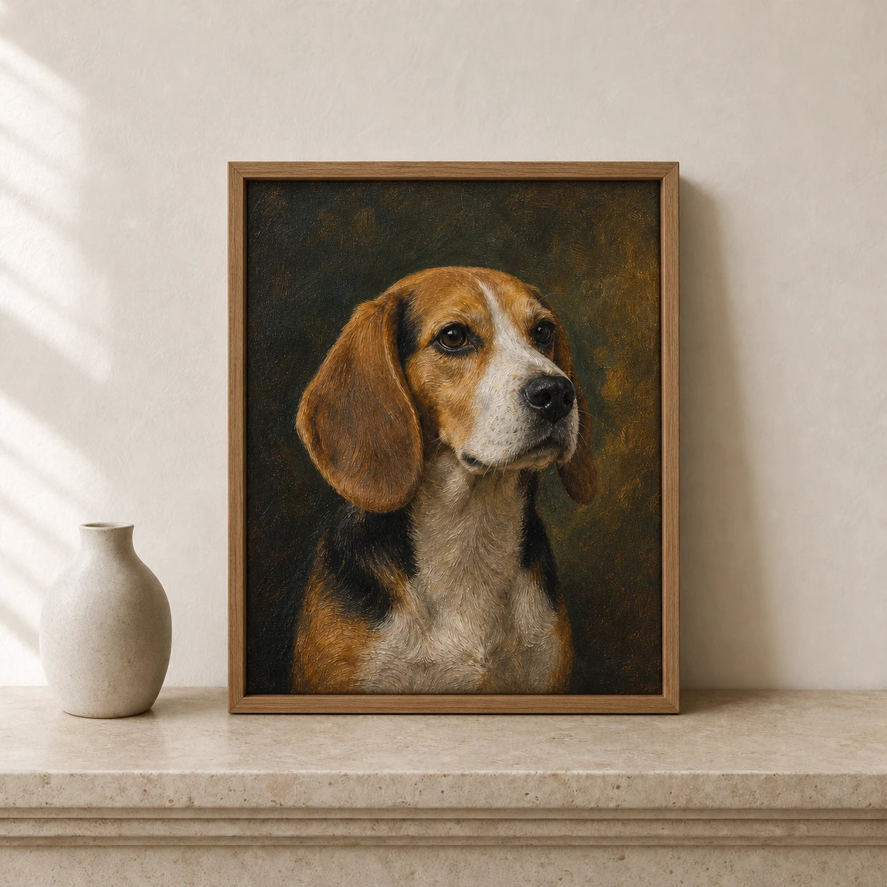 Classic Oil custom dog memorial portrait in a wood frame