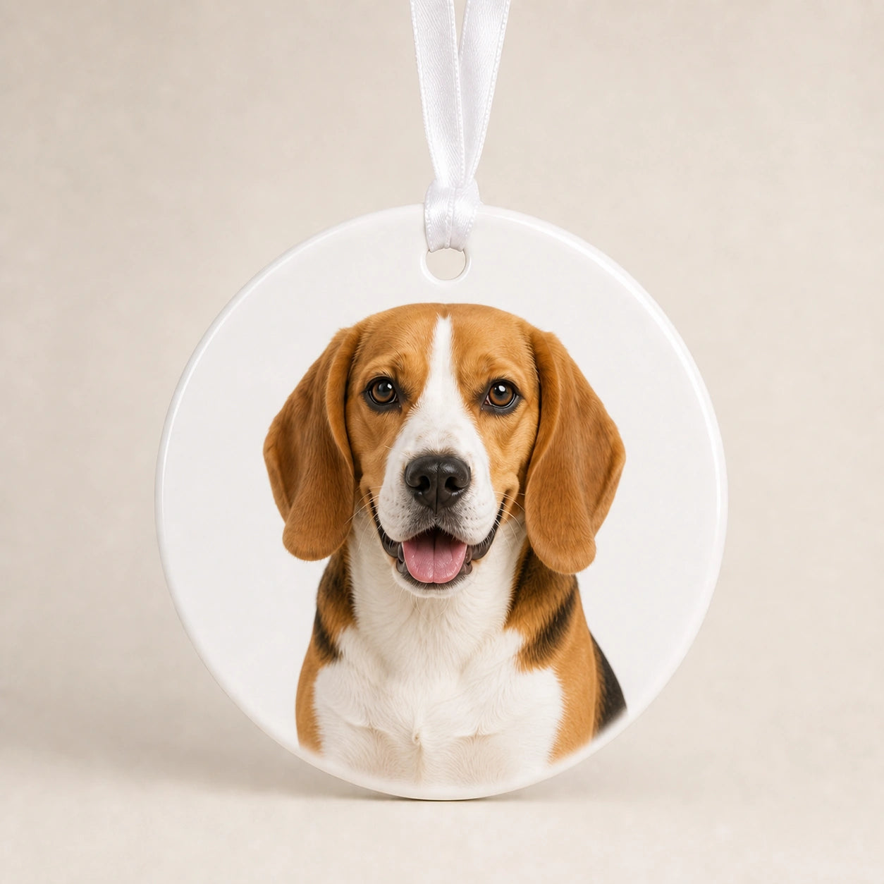 Round personalized dog memorial ornament on a clean white background