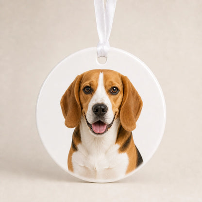 Round personalized dog memorial ornament on a clean white background