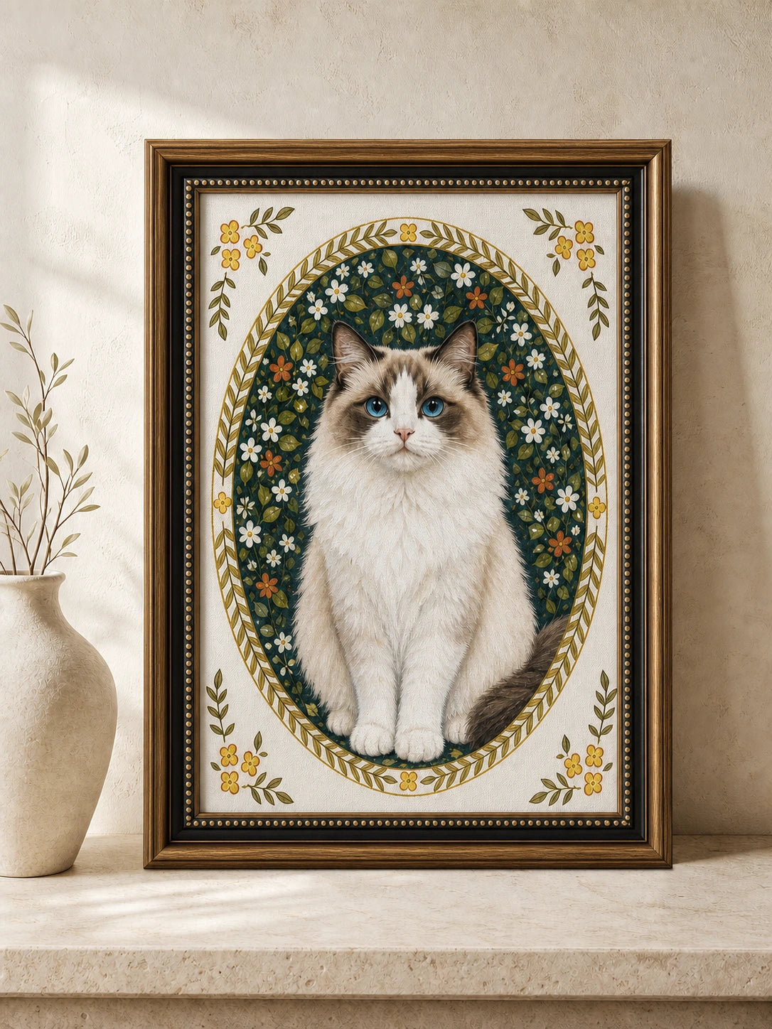 Floral Memorial custom Ragdoll cat portrait in a platinum frame