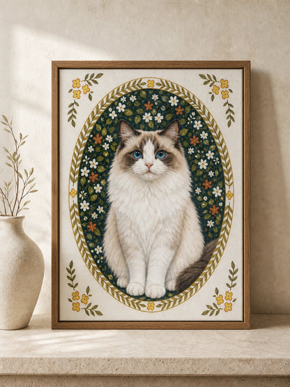 Floral Memorial custom Ragdoll cat portrait in a wood frame