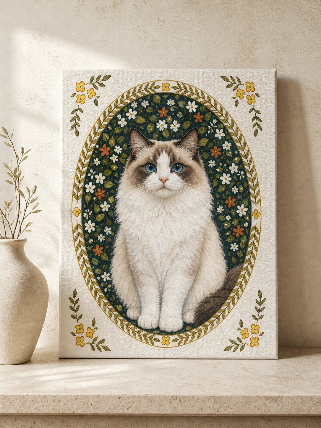 Unframed Floral Memorial custom Ragdoll cat portrait from a photo
