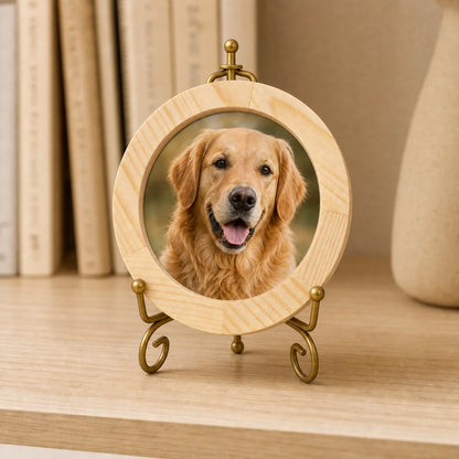 Medium natural wood dog memorial frame with matching 5-inch stand
