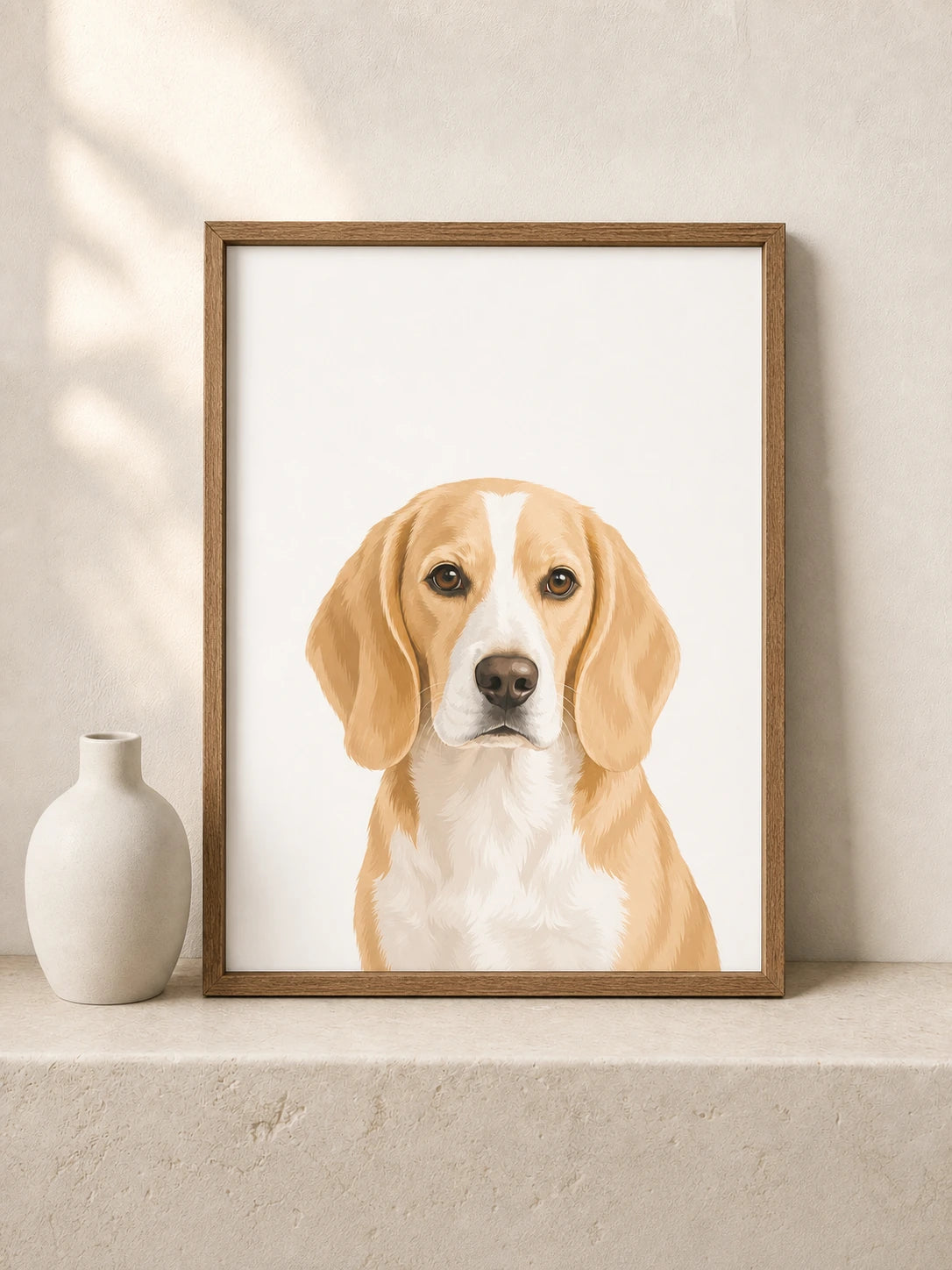 Modern Minimal custom beagle memorial portrait in a wood frame