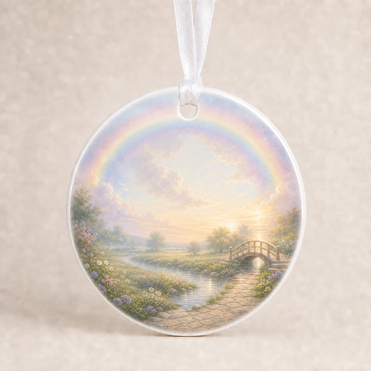 Rainbow Bridge background preview for a round dog memorial ornament
