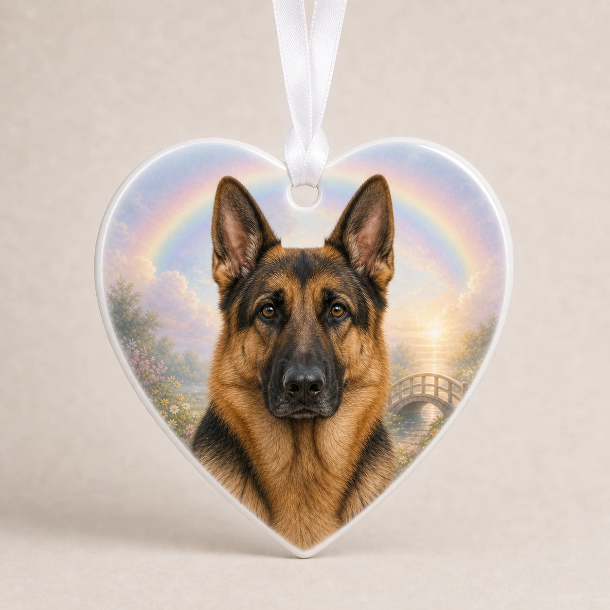 Heart-shaped personalized dog memorial ornament with a Rainbow Bridge background