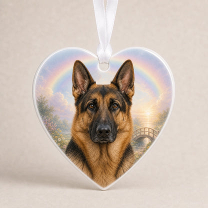 Heart-shaped personalized dog memorial ornament with a Rainbow Bridge background