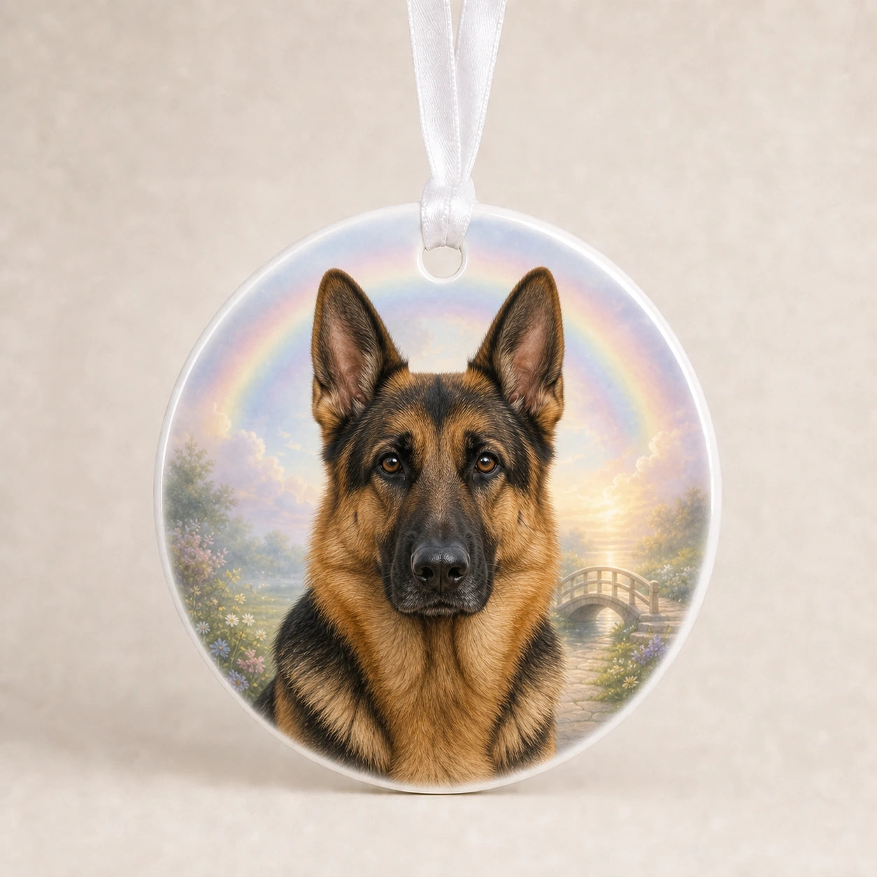 Round personalized dog memorial ornament with a Rainbow Bridge background