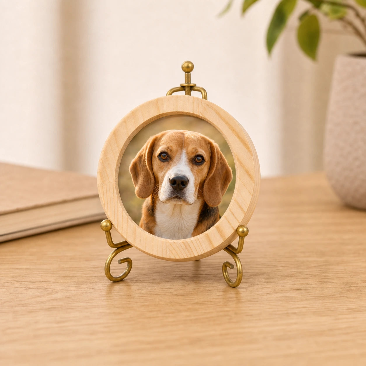 Small natural wood dog memorial frame with matching 5-inch stand