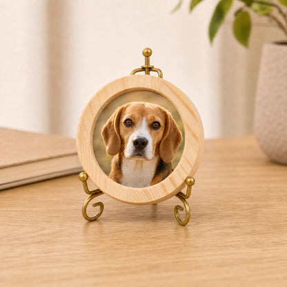 Small natural wood dog memorial frame with matching 5-inch stand
