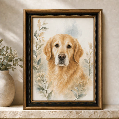 Watercolor custom golden retriever memorial portrait in a platinum frame