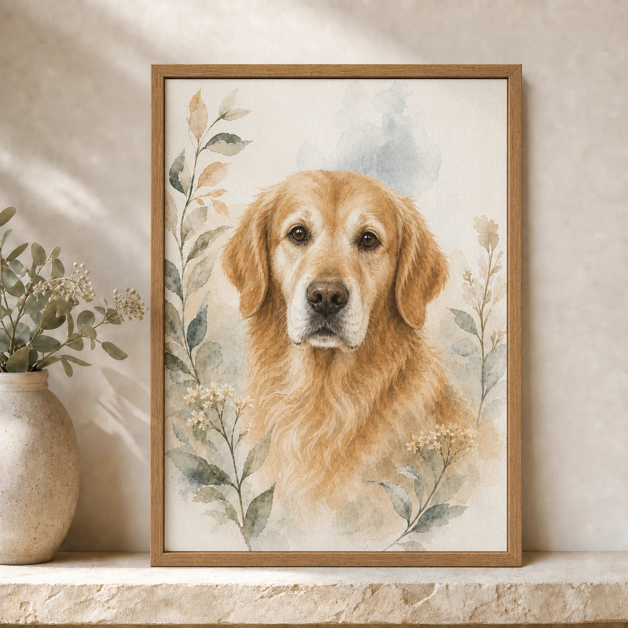 Watercolor golden retriever memorial portrait in a wood frame