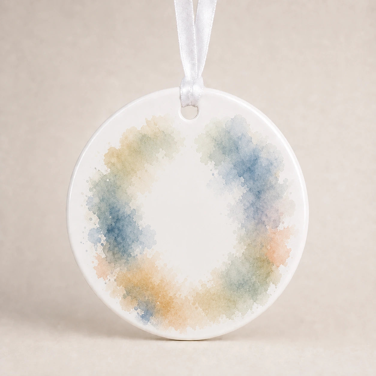 Watercolor photo edge background preview for a round dog memorial ornament