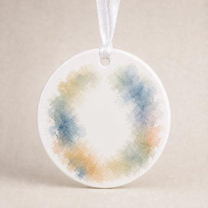 Watercolor photo edge background preview for a round dog memorial ornament