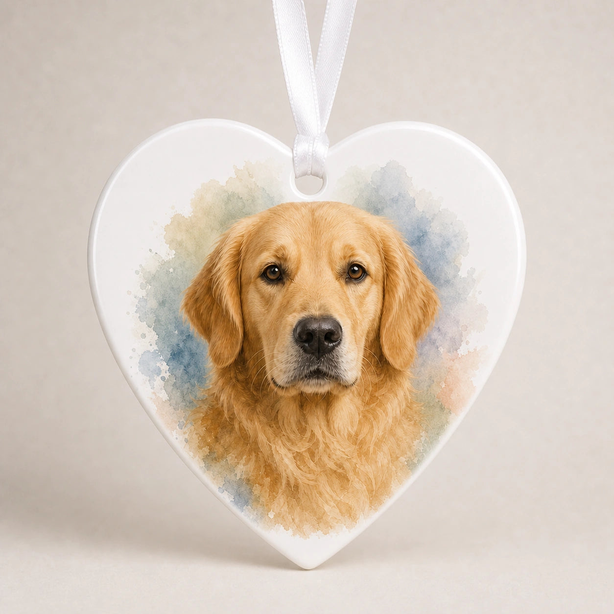 Heart-shaped personalized dog memorial ornament with a watercolor photo edge